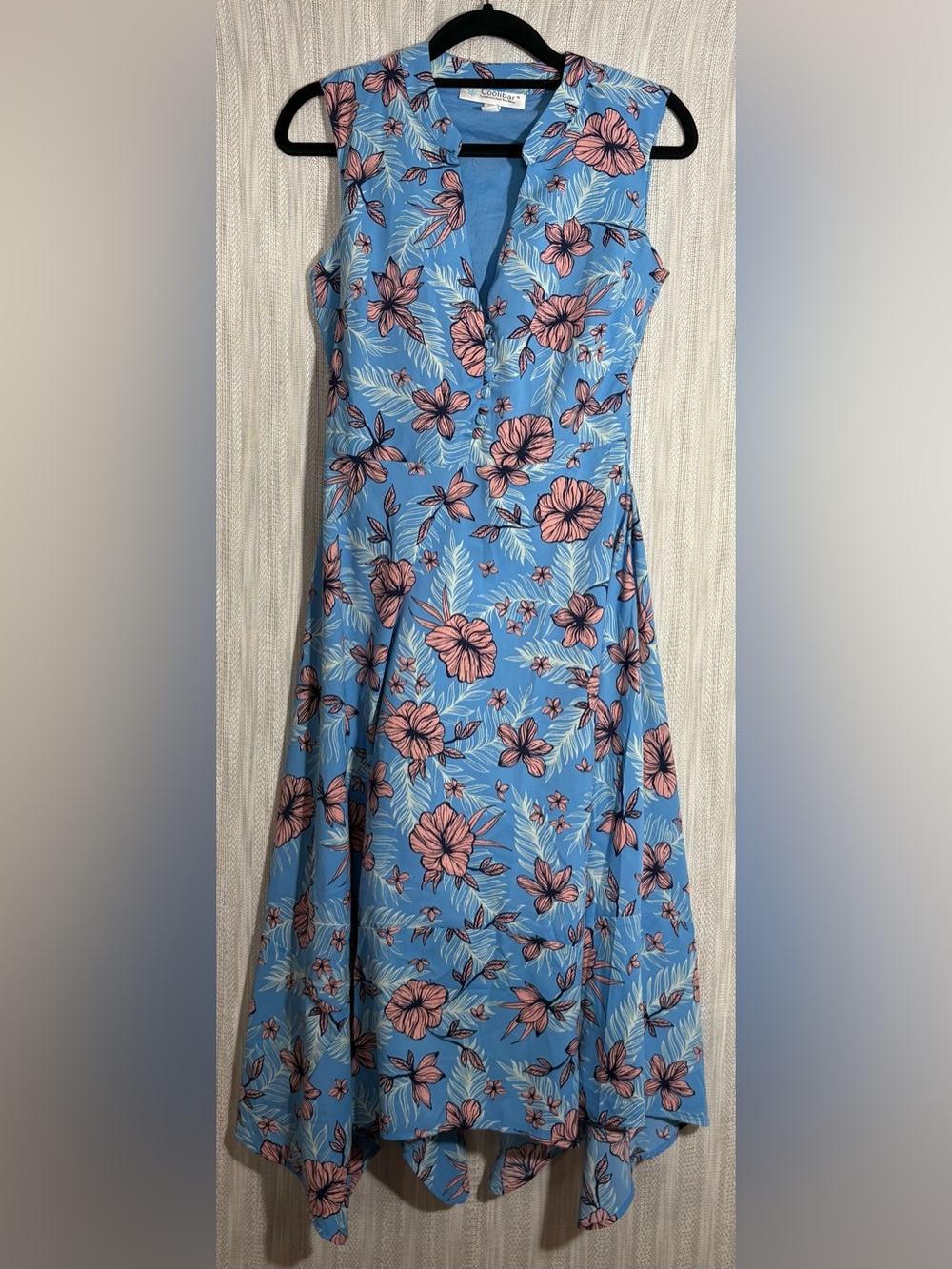 Coolibar Blue Floral Sleeveless Skater Dress with Pink Hibiscus UPF 50+